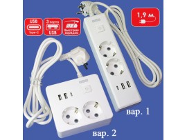 Удлин.2роз+2USB+1Type-C 1,9м Power Cube 16A,выкл.белый