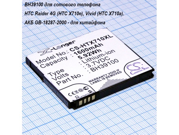 HTC Raider 710e акк. 3,7V 1600 mAh BH39100 CS-HTX710XL