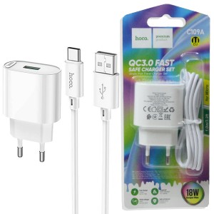 СЗУ USB 5V/3A QC18W Hoco + micro USB кабель C109A