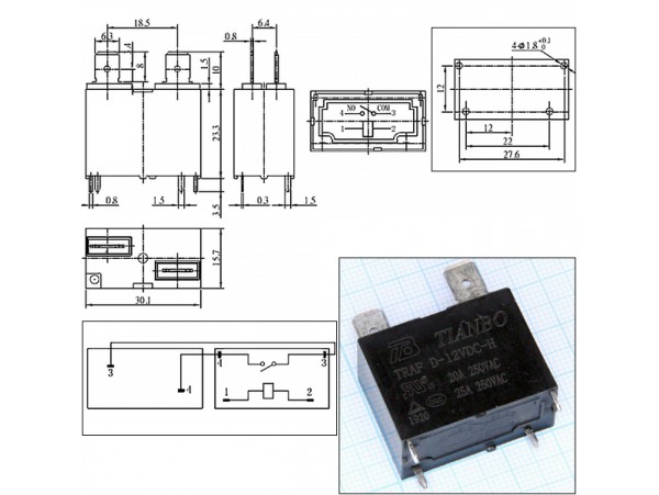 Реле 12VDC TRAF D-12VDC-H 1A 20A/250VAC