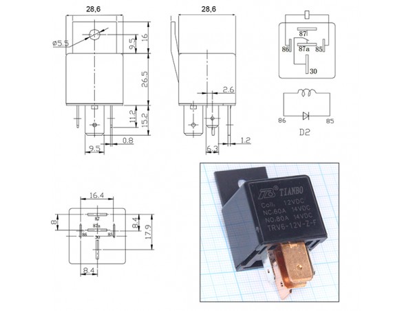 Реле 12VDC TRV6-12VDC-ZF 1C 60A/80A/14VDC