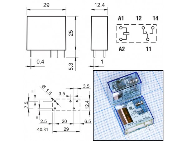 Реле 24VDC 403190240000 1C 12A/250VAC Finder