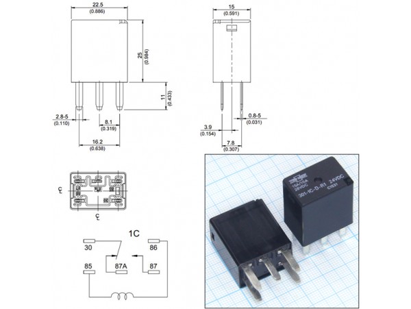 Реле 24VDC 301-1C-D-R1 15A/28VDC