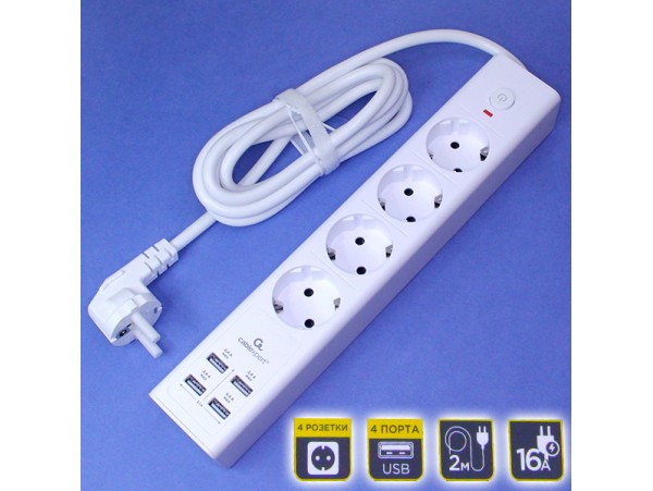 Фильтр сетевой 4роз.2м 16А  4USB 3,1A Cablexpert