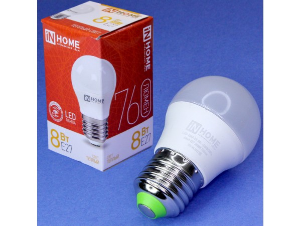 Лампа 220V 8W E27 3000K LED шар InHome