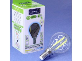 Лампа 220V 8W E14 6500K LED шар прозр.филамент. General