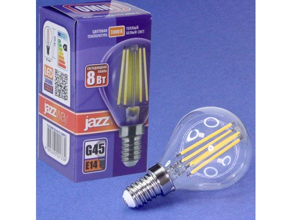 Лампа 220V 8W E14 3000K LED шар прозр.филамент