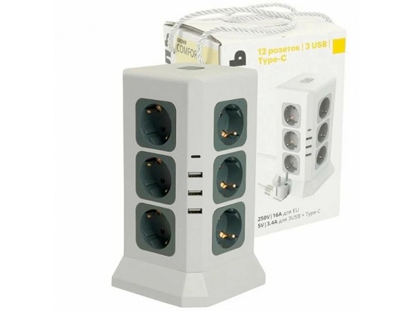 Удлин.12роз.сет.3USB A+1C  1.5м 20Вт STEKKER