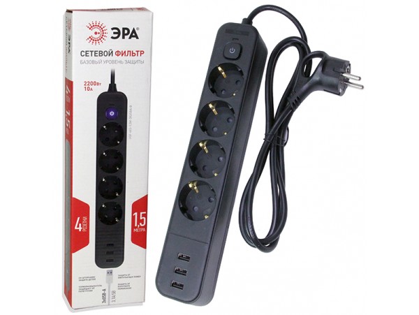 Фильтр сетевой 4 роз. 1,5м 10А +3USB Эра земля черный