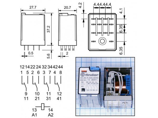 Реле 220VDC 553492200040 4C 7A/250VAC Finder