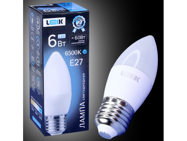 Лампа 220V 6W E27 6500K LED свеча  LEEK