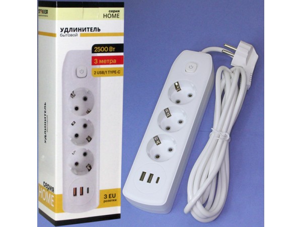 Удлин.3роз,сет.2USB+1Type-C 3м 10А земля