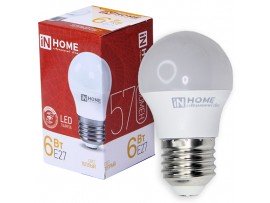 Лампа 220V 6W E27 3000K LED теплый белый  шар  iNHOME