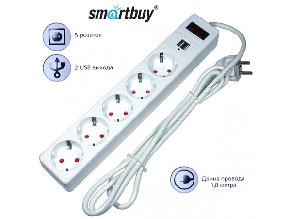 Фильтр сетевой 5 роз.1,8м 10А + 2 USB Smartbuy шторки