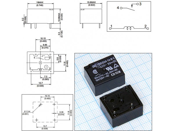 Реле 5VDC 834-1A-B-C 1A 10A/277VAC