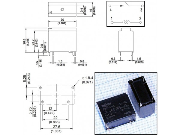 Реле 12VDC 891P-1A-C 1A 25A/277VAC