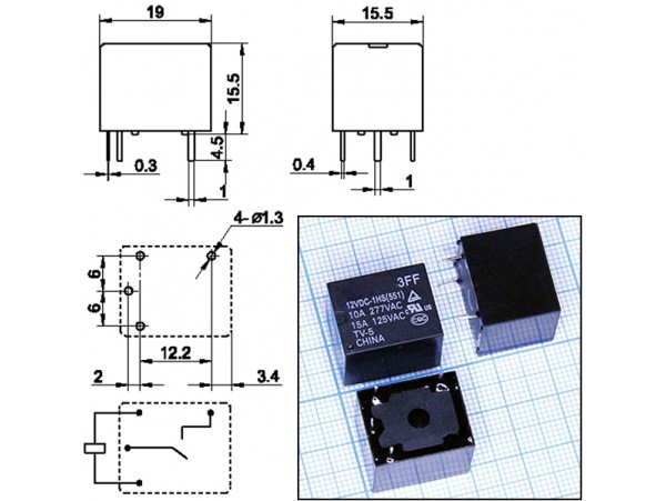 Реле 12VDC HF3FF-012-1HS 1A 10A/277VAC