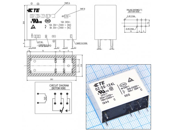 Реле 24VDC OZ-SS-124L 1C 16А/250VAC