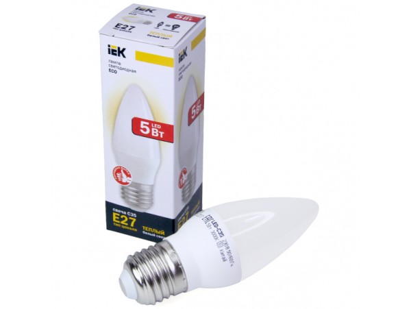 Лампа 220V 5W E27 3000К LED свеча теплый белый IEK