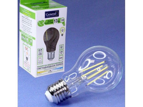 Лампа 220V 13W E27 4500K LED A60 прозр.филам. General