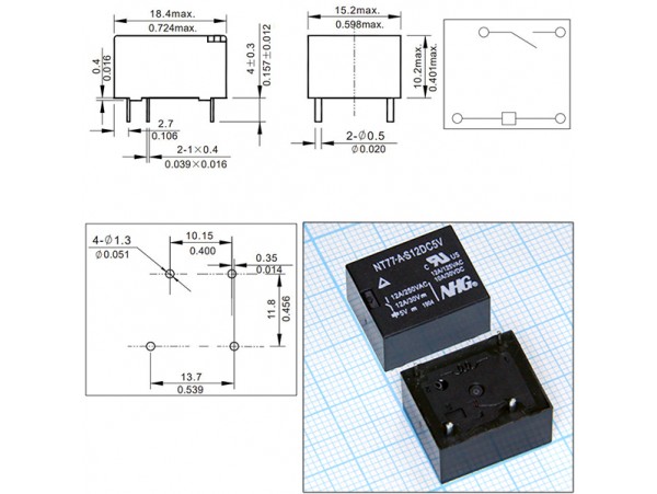 Реле 5VDC NT77-A-S-12-DC5V 1A 12A/250VAC