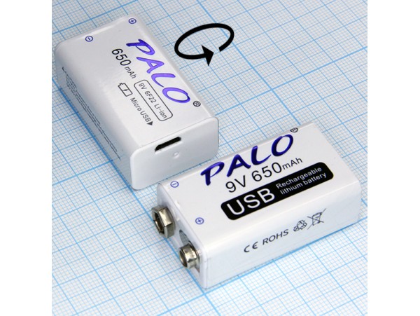 Аккумулятор 9V/650mAh 6F22 Li-ion USB micro