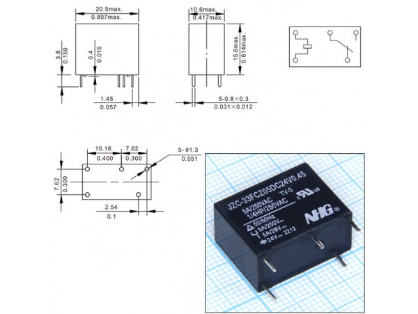 Реле 24VDC JZC-33FCZ05DC24V0,45 1C 5A/250VAC