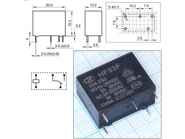 Реле 24VDC HF33F024-ZS3 1C 5A/250VAC