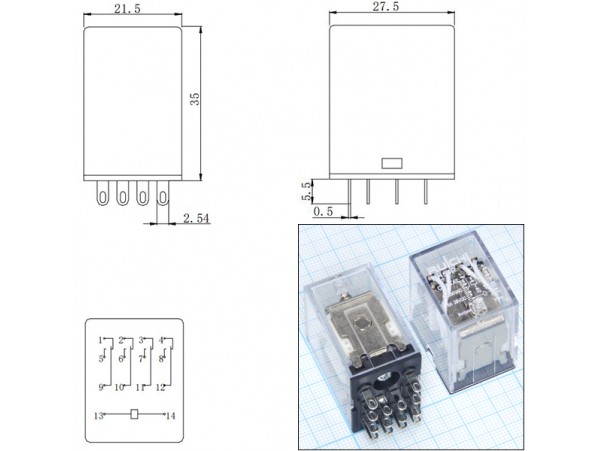 Реле 220VAC 4453(18F) HH54P 4C 5A/250VAC