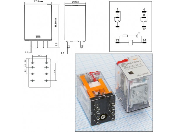 Реле 220VAC RP4.32.8.230.05 2C 12A/250VAC РЕЛЕОН