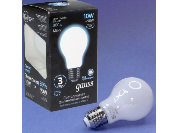 Лампа 220V 10W 4100K Gauss LED Filament A60 OPAL
