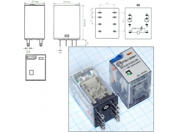 Реле 24VDC RP432902409 2C 12A/250VAC