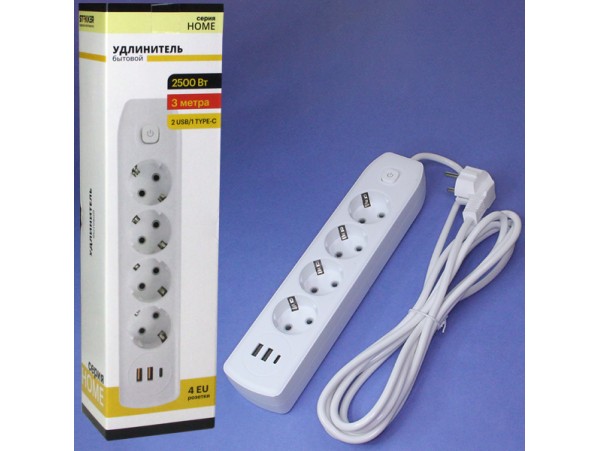 Удлин.4роз.сет.2USB+1Type-C 3м 10А земля