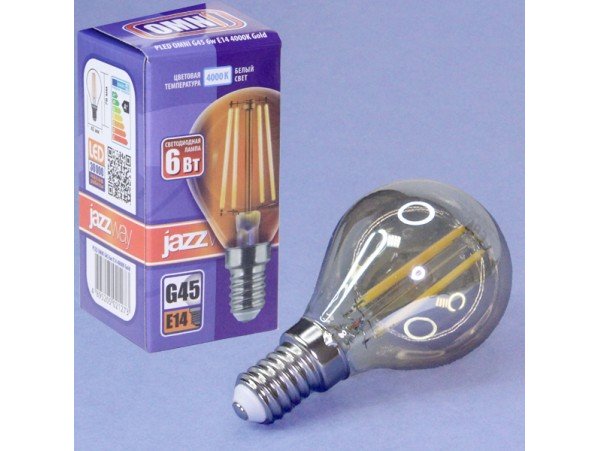 Лампа 220V 6W E14 4000K золотая филамент шар