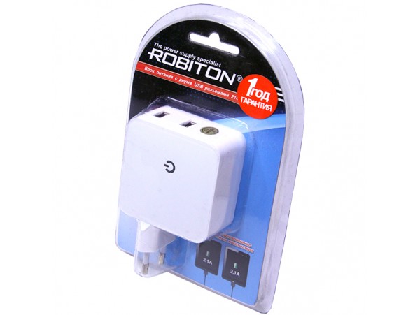 СЗУ 2USB2100/Twin AC/DC (5V 2.1A) имп 2xUSB гн. Robiton