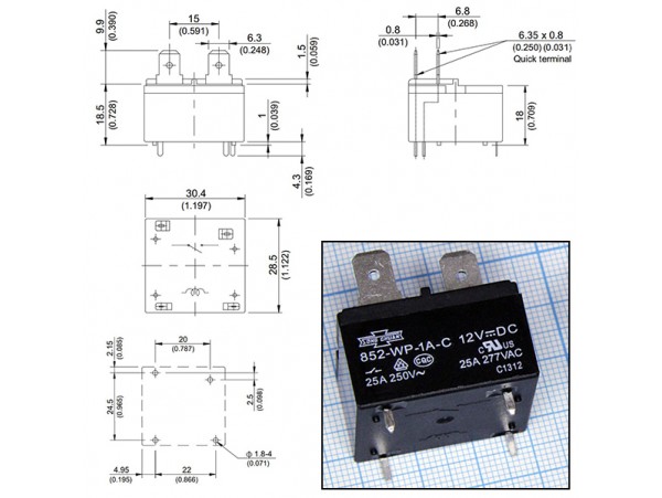 Реле 12VDC 852-WP-1A-C 1A 25A/277VAC