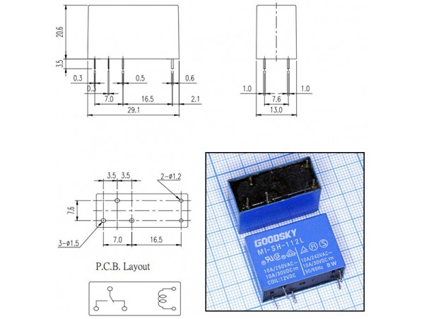 Реле 12VDC MI-SH-112L 1C 10A/250VAC