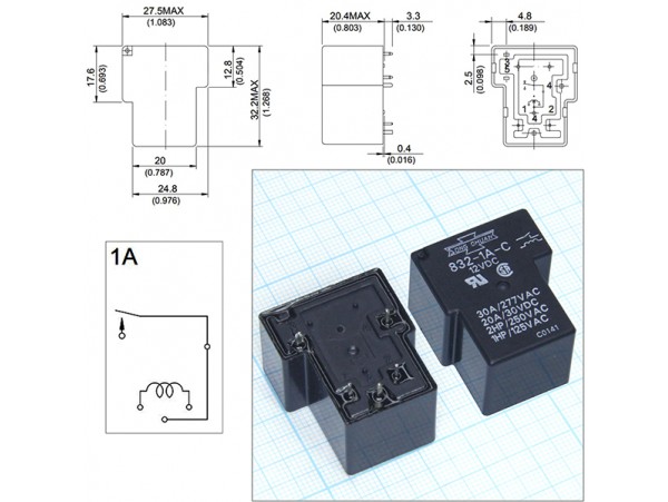 Реле 12VDC 832-1A-C 1A 30A/277VAC